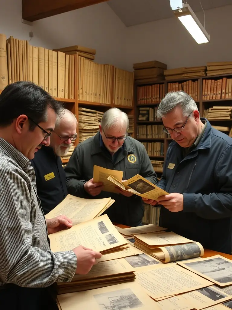 A photograph of APAT members conducting archival research in the historical archives of the Manufacture d'Armes de Tulle, focusing on documents related to the factory's early operations.