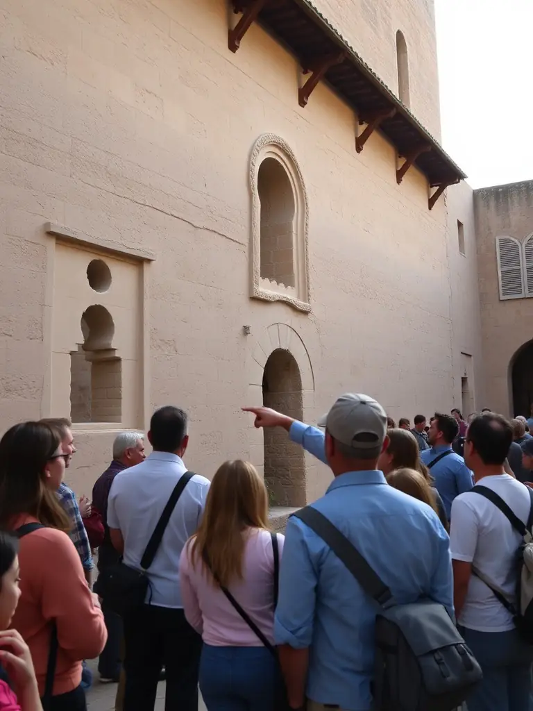 A photograph of APAT members leading a guided tour of the former Manufacture d'Armes site, explaining its historical significance to a group of visitors.