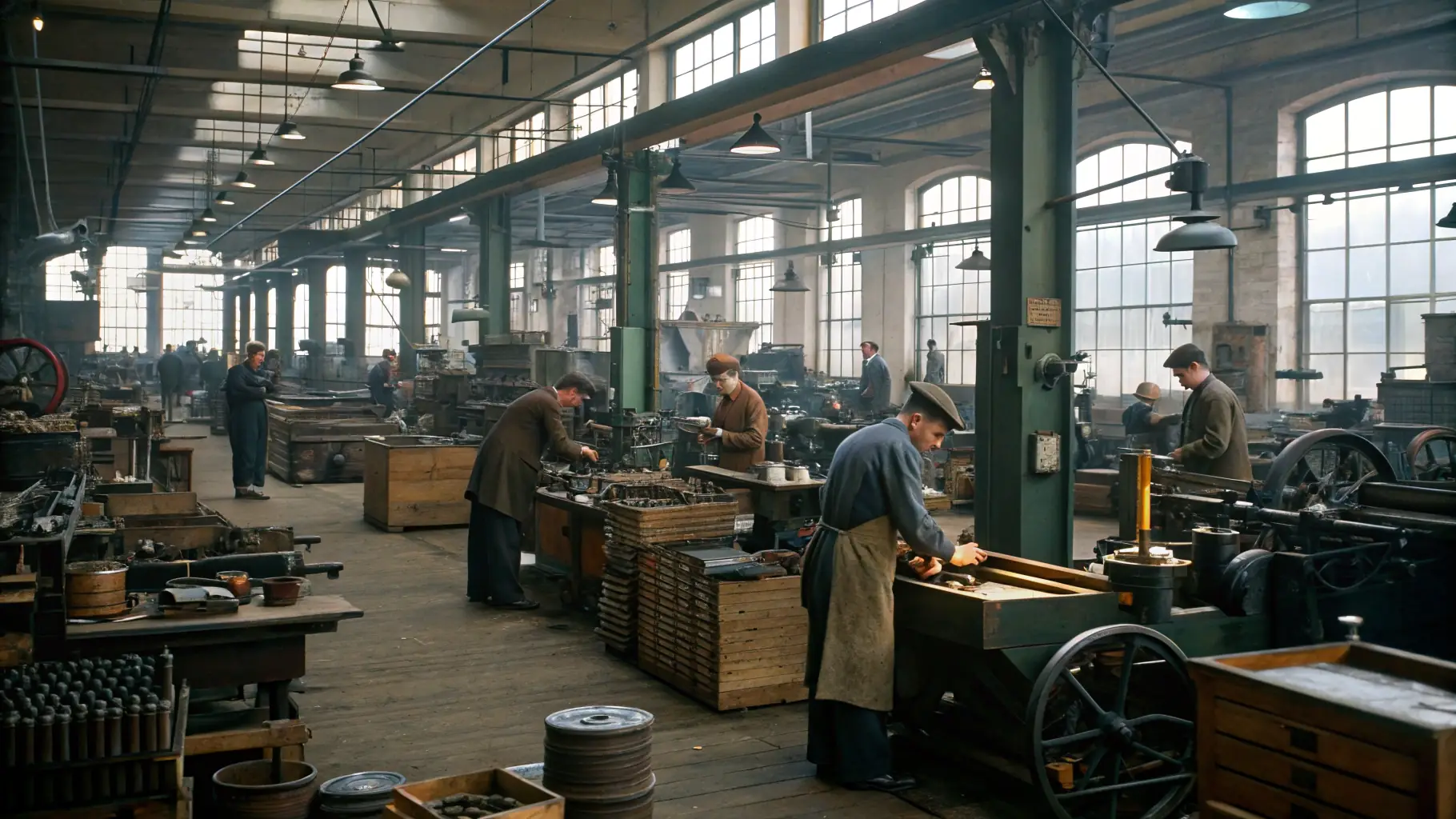 A black and white photograph of workers inside the Manufacture d'Armes de Tulle, showcasing the industrial environment and the people who contributed to its history.
